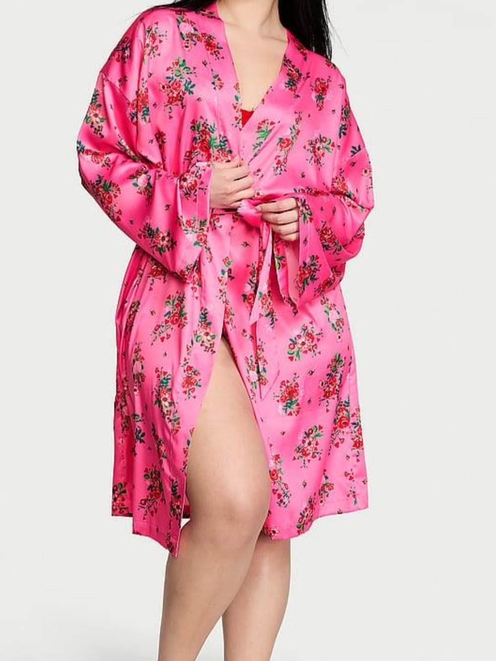 NWT Victoria's Secret Pink Floral Satin Kimono Midi Robe M/L